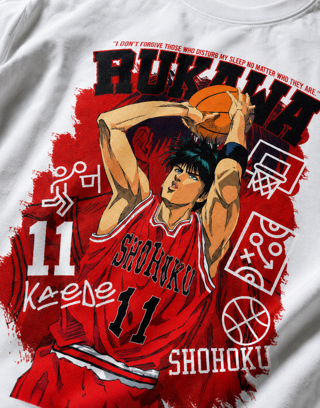 T-shirt with a basketball player graphic and text on a white background